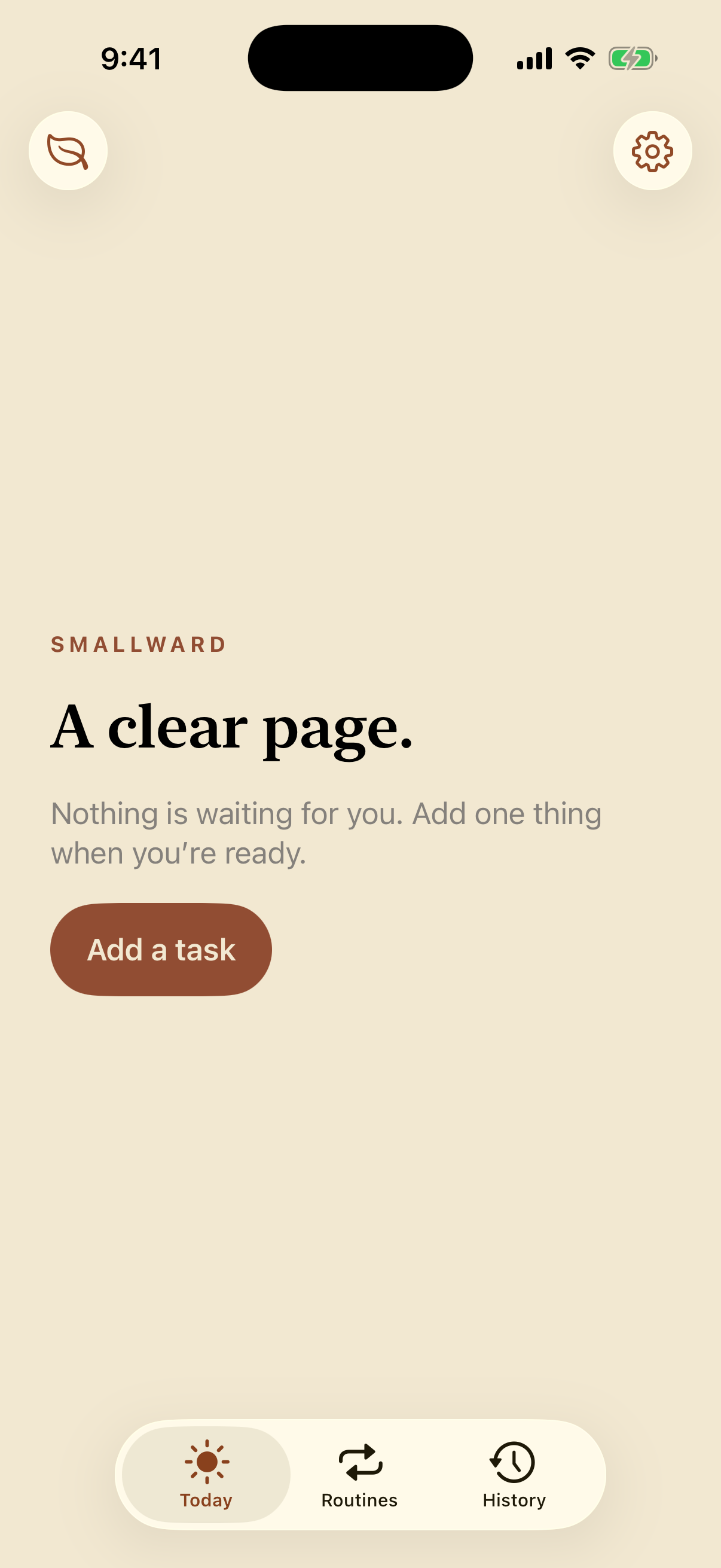 Smallward’s Today home screen with a clear page and an Add a task button